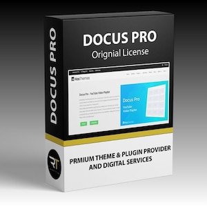 May include: A black box with the text "DOCUS PRO Original License" in white. The box features a website screenshot with the text "Docus Pro - YouTube Video Playlist" and "Docus Pro YouTube Video Playlist". The bottom of the box reads "PRMIUM THEME & PLUGIN PROVIDER AND DIGITAL SERVICES".