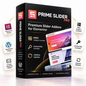 Puede incluir: Una caja de software rectangular negra para Prime Slider Pro, con el texto Premium Slider Addons for Elementor. La caja muestra iconos para widgets PRO, una clave de licencia y actualizaciones de por vida, junto a capturas de pantalla.