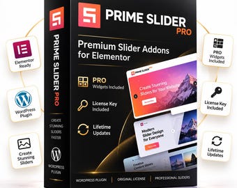 Könnte beinhalten: Eine schwarze, rechteckige Software-Box für Prime Slider Pro mit dem Text Premium Slider Addons for Elementor. Die Box zeigt Symbole für PRO-Widgets, einen Lizenzschlüssel und lebenslange Updates sowie Screenshots von Website-Slidern.