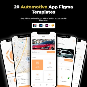 May include: A mockup of several smartphones displaying automotive app templates. The apps feature interfaces for car status, navigation, and climate control. The text at the top reads "20 Automotive App Figma Templates."