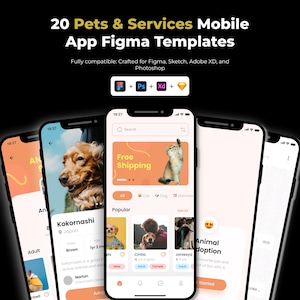 May include: A mockup of a mobile app interface for pet services, featuring a dog and cat theme. The app displays options for adoption, with a search bar and the text "Free Shipping". The title reads "20 Pets & Services Mobile App Figma Templates".