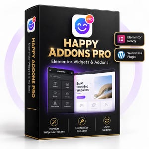 May include: A black rectangular software box for Happy Addons Pro Elementor Widgets & Addons. The box features a purple and blue smiley face logo, gold text, and displays a digital interface with the text Build Stunning Websites.