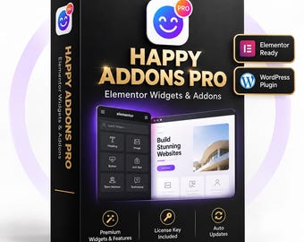 May include: A black rectangular software box for Happy Addons Pro Elementor Widgets & Addons. The box features a purple and blue smiley face logo, gold text, and displays a digital interface with the text Build Stunning Websites.