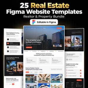 May include: A digital bundle of 25 real estate website templates designed for Figma. The display features multiple web page layouts showcasing property listings, search features, and contact forms with a clean, modern interface and typography.