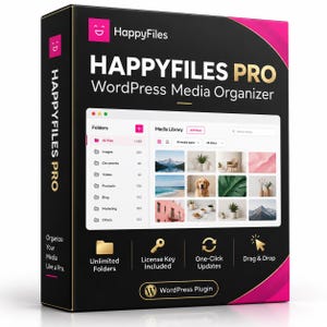 May include: A black and pink software box for HappyFiles Pro WordPress Media Organiser. The front displays a digital interface with folders and a media library. Icons below highlight features: Unlimited Folders, License Key, Updates, and Drag & Drop.