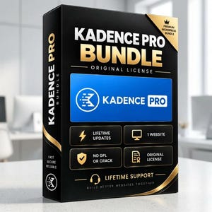 May include: A black rectangular software box for Kadence Pro Bundle with gold accents. The front features the text Kadence Pro Bundle, Original License, Lifetime Updates, 1 Website, No GPL Or Crack, and Lifetime Support with a blue logo.