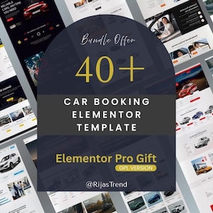 Op de afbeelding: Een promotieafbeelding voor een Elementor-sjabloon voor autoboekingen. Het ontwerp heeft een donkere achtergrond met de tekst "Bundle Offer 40+" in goud. De tekst "CAR BOOKING ELEMENTOR TEMPLATE" is in het wit. De afbeelding bevat ook website-mockups.