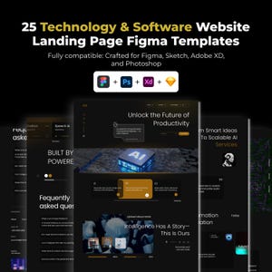 Puede incluir: Imagen promocional para 25 plantillas Figma de páginas de destino de sitios web de tecnología y software. La imagen presenta un tema oscuro con maquetas de sitios web, iconos y el texto "25 Technology & Software Website Landing Page Figma Templates."