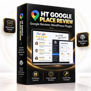 May include: A black product box for the HT Google Place Review WordPress plugin. The box features the Google logo, a laptop screen displaying customer reviews, and icons for 16 review layouts, auto-update reviews, and a license key. Text includes Shortcode Ready and WordPress Plugin.
