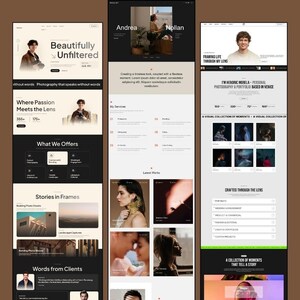 May include: A website design showcasing a photography portfolio. The design features a clean layout with sections for services, latest works, and client testimonials. The color scheme is primarily black and white with brown accents.
