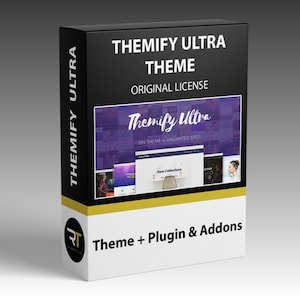 Puede incluir: Una caja negra y blanca con el texto "THEMIFY ULTRA THEME ORIGINAL LICENSE". La caja tiene una franja blanca y amarilla. La caja también tiene el texto "Theme + Plugin & Addons". La caja tiene el texto "Themify Ultra" en escritura blanca.