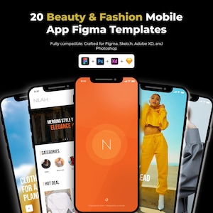 Puede incluir: Una colección digital de 20 plantillas de aplicaciones móviles Beauty & Fashion Figma con varios diseños de interfaz, incluida una pantalla de inicio naranja central con la letra N, compatible con Figma, Sketch, Adobe XD y Photoshop.