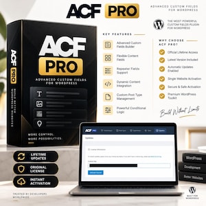 May include: A black and gold box for ACF PRO software for WordPress, featuring a laptop displaying an update screen with a license key field. The box lists features like Advanced Custom Fields Builder, Flexible Content Fields, and Repeater Fields Support.