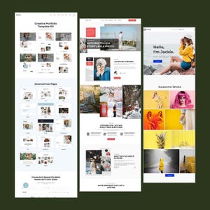 May include: Three website design layouts on a dark green background. The layouts showcase a creative portfolio template kit, with sections for advanced inner pages, and a photographer's portfolio. Text includes "Creative Portfolio Template Kit" and "Hello, I'm Jackie."