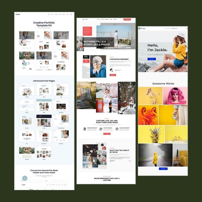 May include: Three website design layouts on a dark green background. The layouts showcase a creative portfolio template kit, with sections for advanced inner pages, and a photographer's portfolio. Text includes "Creative Portfolio Template Kit" and "Hello, I'm Jackie."