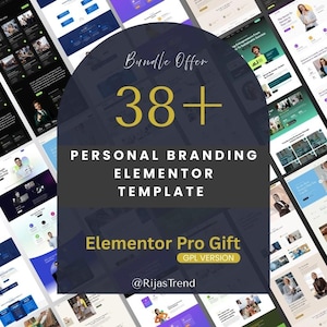 May include: A promotional image featuring a bundle offer of 38+ personal branding Elementor templates. The design includes a dark blue and gray color scheme with the text "Bundle Offer" and "Elementor Pro Gift". The image showcases various website design examples.