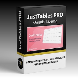 May include: A black and white box with the text "JustTables PRO" and "Original License". The box also features the text "JustTables Product Table for WooCommerce". The box has a pink and white graphic.