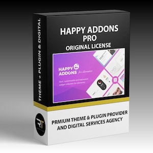 May include: A black box with the text "HAPPY ADDONS PRO ORIGINAL LICENSE". The box also displays "HAPPY ADDONS for elementor" and "Slick, customizable and impressive widget collection for elementor". The bottom of the box reads "PRMIUM THEME & PLUGIN PROVIDER AND DIGITAL SERVICES AGENCY".