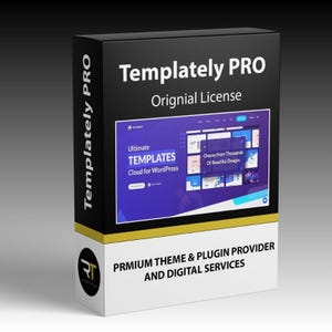 May include: A black and white box with the text "Templately PRO Original License." The box features a blue and white graphic with the words "Ultimate TEMPLATES Cloud for WordPress." The bottom of the box reads "PRMIUM THEME & PLUGIN PROVIDER AND DIGITAL SERVICES."