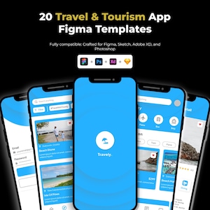 Könnte beinhalten: Werbebild für 20 Travel & Tourism App Figma Templates. Das Bild zeigt mehrere Smartphones, die eine Reise-App-Oberfläche mit einem blau-weißen Farbschema anzeigen. Die App heißt "Travely."