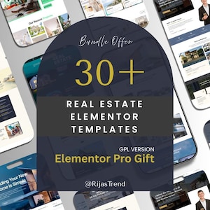 Könnte beinhalten: Werbebild für Immobilien-Website-Vorlagen. Das Bild zeigt ein dunkelblaues kreisförmiges Design mit dem Text "Bundle Offer 30+ Real Estate Elementor Templates". Der Text "Elementor Pro Gift" ist ebenfalls sichtbar, zusammen mit Website-Mockups.