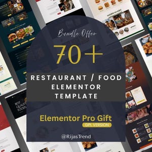 May include: A dark blue graphic promoting a restaurant and food Elementor template bundle. The text includes "Bundle Offer 70+" and "Elementor Pro Gift". The design features various food website mockups in the background.