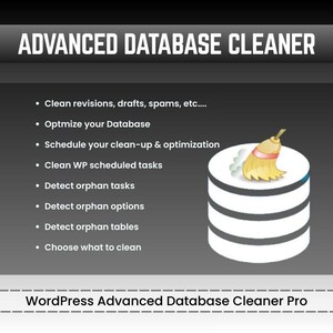 May include: An advertisement for "Advanced Database Cleaner" with a graphic of a database and a broom. The text lists features like cleaning revisions, optimizing the database, and scheduling clean-ups. The product name "WordPress Advanced Database Cleaner Pro" is also displayed.