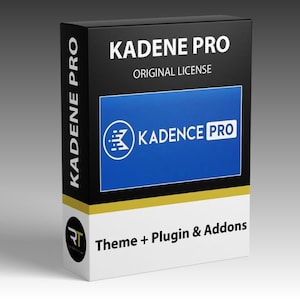 Op de afbeelding: Een zwart-witte doos met de tekst "KADENE PRO" in witte letters. De doos heeft een blauwe rechthoek met "KADENCE PRO" en een logo. De doos zegt ook "Theme + Plugin & Addons".