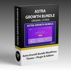 May include: A black and white box with the text "ASTRA GROWTH BUNDLE" in white. The box features a purple and white screen with the words "ASTRA GROWTH BUNDLE" and "Exclusive Features To Save Time". The box also says "Astra Growth Bundle WordPress Theme + Plugin & Addons".