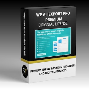 May include: A product box for WP All Export Pro Premium. The box is black with white and yellow accents. Text on the box includes "WP All Export Pro Premium Original License" and "The best import export plugin for WordPress & WooCommerce."