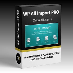 May include: A black box with the text "WP All Import PRO" in white. The box also features the text "Original License" and "WP ALL IMPORT". The box includes icons for import, export, bulk edit, and migrate. The bottom of the box reads "PRMIUM THEME & PLUGIN PROVIDER AND DIGITAL SERVICES."