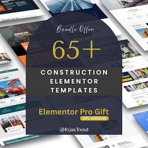 Puede incluir: Imagen promocional de plantillas Elementor con temática de construcción. La imagen presenta un gráfico azul oscuro y gris con el texto "Bundle Offer 65+ CONSTRUCTION ELEMENTOR TEMPLATES". También incluye "Elementor Pro Gift" y el identificador del vendedor.