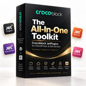 Puede incluir: Una caja rectangular negra para el kit de herramientas Crocoblock All-In-One para WordPress y Elementor. La caja presenta texto dorado, una línea dorada curva e iconos para los complementos JetEngine, JetReviews, JetAppointment y JetElements.