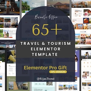 May include: A promotional image for a travel and tourism Elementor template bundle. The image features a collage of website mockups with the text "Bundle Offer 65+" and "Travel & Tourism Elementor Template". The image also includes the text "Elementor Pro Gift".