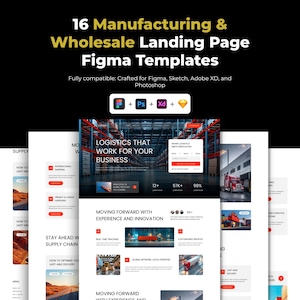 May include: A promotional image for 16 Manufacturing & Wholesale Landing Page Figma Templates. The image features a dark background with the text "16 Manufacturing & Wholesale Landing Page Figma Templates". The image also includes several website mockups.