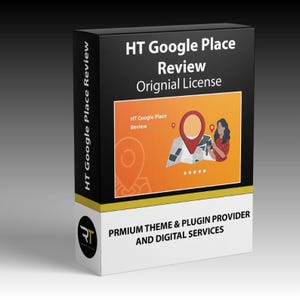 Puede incluir: Una caja negra y blanca con el texto "HT Google Place Review Original License". La caja presenta un gráfico naranja y blanco con un marcador de mapa y una mujer. La parte inferior de la caja dice "PRMIUM THEME & PLUGIN PROVIDER AND DIGITAL SERVICES."