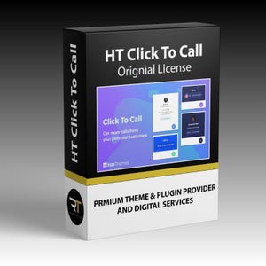 May include: A black and white box with the text "HT Click To Call Original License." The box features a graphic with the words "Click To Call" and "Get more calls from your potential customers." The bottom of the box reads "PRMIUM THEME & PLUGIN PROVIDER AND DIGITAL SERVICES."