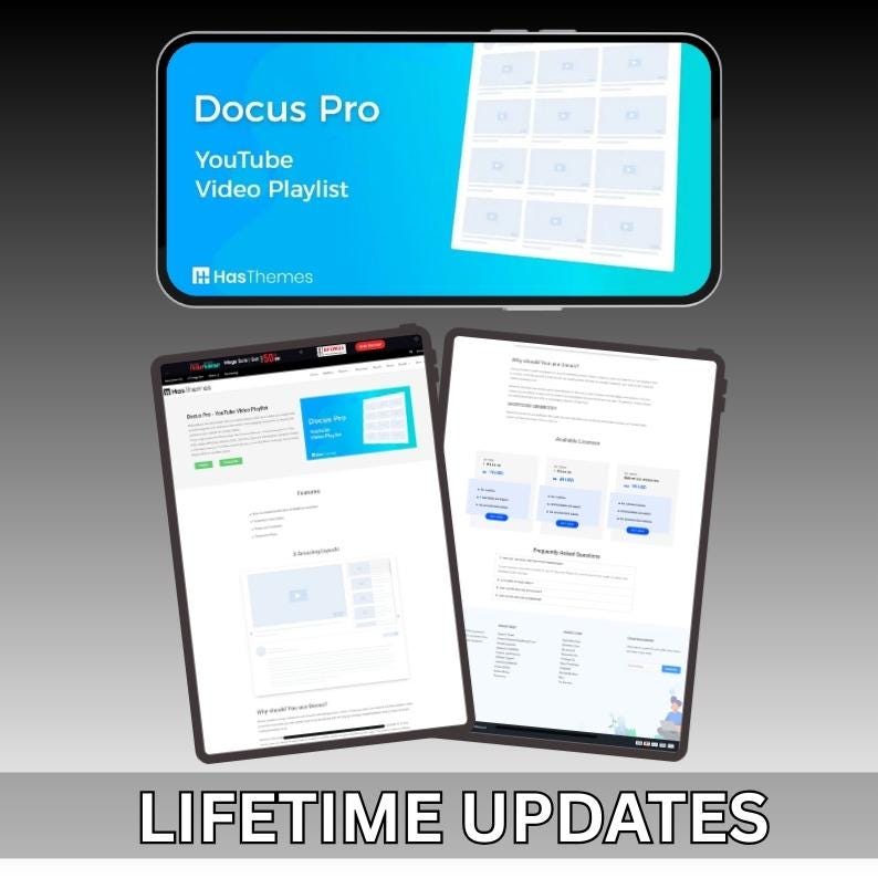 Op de afbeelding: Een smartphone en twee tablets met website-interfaces. Het smartphonescherm toont "Docus Pro YouTube Video Playlist" met een blauwe gradi&euml;ntachtergrond. De tablets tonen website-inhoud. De tekst "Lifetime Updates" staat onderaan.