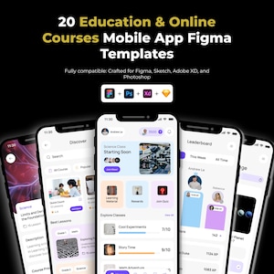 May include: A graphic showcasing mobile app Figma templates for online education courses. The image displays several smartphone screens with app interfaces, including a leaderboard, course listings, and learning materials. Text on the image reads "20 Education & Online Courses Mobile App Figma Templates."