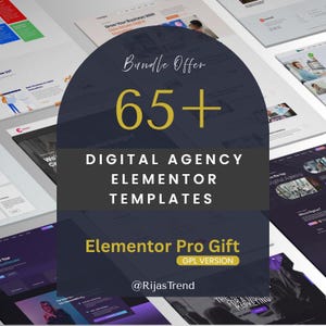 Könnte beinhalten: Werbebild mit einem Bundle von über 65 Elementor-Vorlagen für Digitalagenturen. Das Design umfasst einen dunkelblauen Bogen mit dem Text "Bundle Offer" und "65+". Zusätzlicher Text beinhaltet "Elementor Pro Gift" und "@RijasTrend".