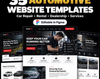 Puede incluir: Una colección digital de 35 plantillas de sitios web automotrices para reparación, alquiler y concesionarios de automóviles. Las plantillas son editables en Figma y presentan diseños para reservar citas, servicios e inventarios de vehículos con tipografía moderna.