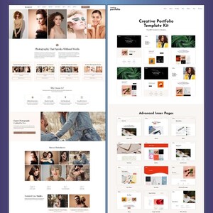 May include: A website design layout with a purple background. The left side features a photography website design with the text "Photography That Speaks Without Words." The right side showcases a "Creative Portfolio Template Kit."