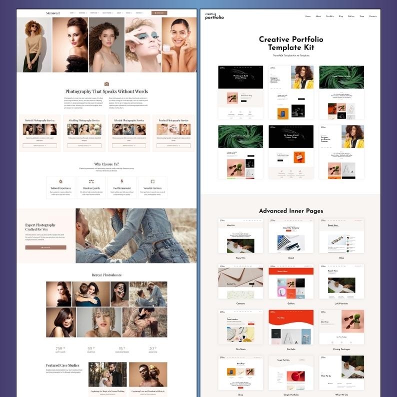 May include: A website design layout with a purple background. The left side features a photography website design with the text "Photography That Speaks Without Words." The right side showcases a "Creative Portfolio Template Kit."