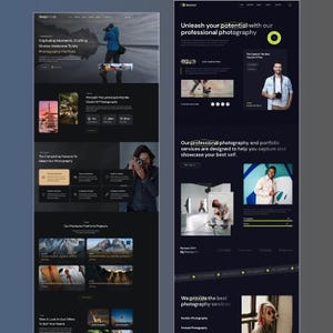 May include: Two website mockups on a dark background. The left mockup features a photography portfolio with text like "Capturing Moments" and images. The right mockup promotes professional photography services with the text "Unleash your potential".