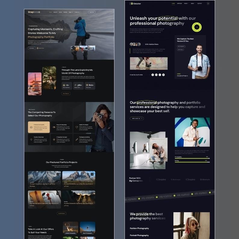 May include: Two website mockups on a dark background. The left mockup features a photography portfolio with text like "Capturing Moments" and images. The right mockup promotes professional photography services with the text "Unleash your potential".