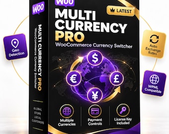 Puede incluir: Una caja de software rectangular negra para Woo Multi Currency Pro WooCommerce Currency Switcher. El diseño presenta un globo terráqueo morado con símbolos de moneda, detalles dorados e iconos de geolocalización y compatibilidad WPML.