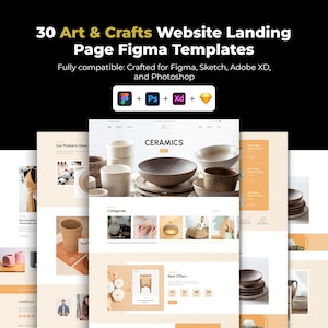 Puede incluir: Plantilla de página de destino de sitio web para empresas de arte y artesanía. El diseño presenta un diseño limpio con imágenes de cuencos de cerámica y otros artículos de artesanía. El texto incluye "CERAMICS" y "Best Offers". Compatible con Figma, Sketch, Adobe XD y Photoshop.