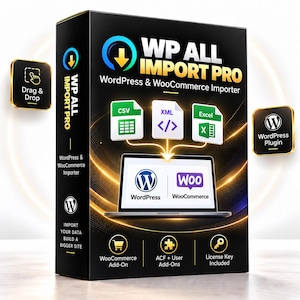 Puede incluir: Una caja de software rectangular negra para WP All Import Pro, un importador de WordPress y WooCommerce. El frente muestra iconos para archivos CSV, XML y Excel, una computadora portátil con logotipos de WordPress y WooCommerce y etiquetas.