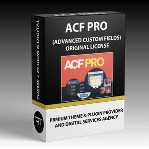 May include: A black box with the text "ACF PRO" in white and yellow. The box also includes the text "(ADVANCED CUSTOM FIELDS) ORIGINAL LICENSE". The box has a logo for "Theme + Plugin & Digital" and "PRMIUM THEME & PLUGIN PROVIDER AND DIGITAL SERVICES AGENCY".