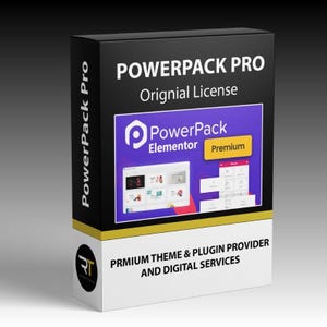 May include: A product box for PowerPack Pro, featuring the text "POWERPACK PRO Original License." The box has a black top and sides, with a purple and white central panel displaying the PowerPack logo and the word "Elementor." The bottom of the box reads "PRMIUM THEME & PLUGIN PROVIDER AND DIGITAL SERVICES."
